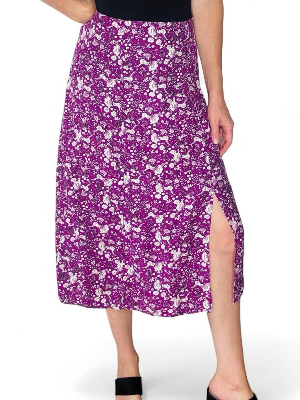 Loft Purple White Floral Coquette Linen Midi Slit Skirt